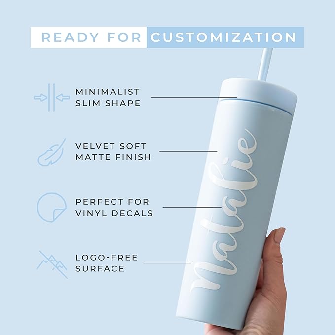 STRATA CUPS Periwinkle Skinny Tumblers with Lids and Straws (12 pack) - 16oz Double Wall Acrylic Tumbler, Tall Matte Skinny Tumblers, Bulk with Free Straw Cleaner, Reusable Cups