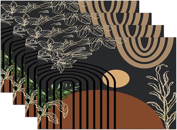 Abstract Black Mid Century Placemats Minimalist Aesthetic Modern Contemporary Artistic Washable Place Mats 12x18Inch for Dining Kitchen Farmhouse Decor 6 PCS