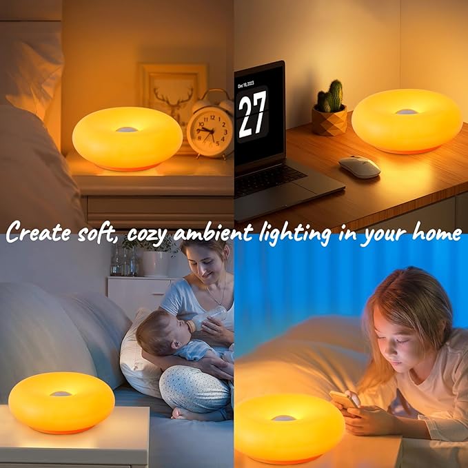 Donut Table Lamp,Creative Orange Donut Atmosphere Lamps with Plastic Shade,Retro-Modern Table Light,3-Color Dimmable Nightstand Lamp for Bedroom and Desk, Aesthetic Home Decor & Gifts (Orange)