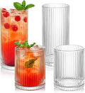 Ribbed Drinking Glasses 4pcs, 12oz and 10oz Glassware, Tumbler Glasses Cup Set for Wedding, Party, Christmas Gift, Clear