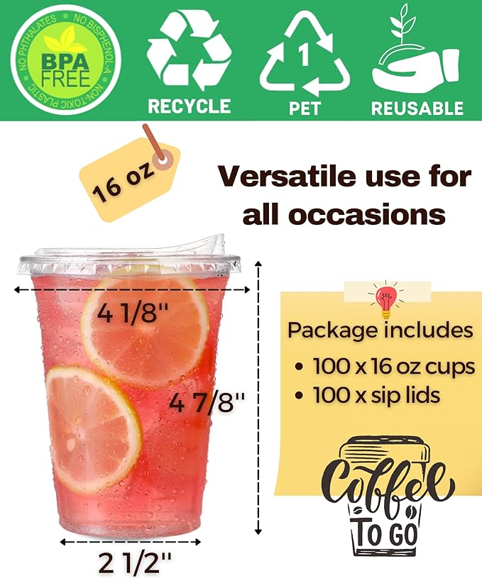 100 Pack 16 oz Clear Plastic Cups with Strawless-Sip-Lids, Disposable Cups Plastic Iced Coffee Cups, To Go Cups with Sip Through Lids for Smoothie, Milkshake, Cold Drinks for Party, Wedding, Event