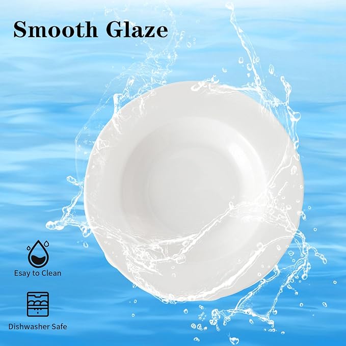 8.5 Inch Ceramic Soup Plate Set of 6, 8 Ounces Wide Rimmed Porcelain Soup Bowl, White Pasta Plates for Salad, Appetizer, Snack, Pizza, Microwave and Dishwasher Safe