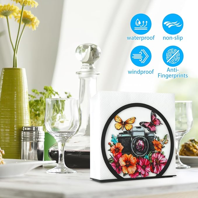 Modern Napkin Holder for Table Decor,Black Metal Napkin Dispenser fit Tissue Mail Bills Paper Towel Holder, Camera Butterfly Napkin Holders,Napkin Stand for Home Kitchen Dining Restaurant Cocktail