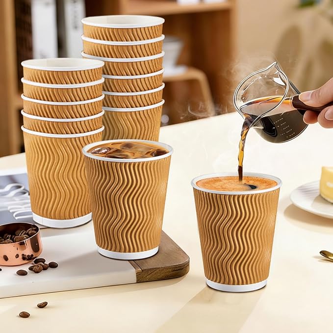 120 Pack 10 oz Coffee Cups, Disposable Corrugated Insulated Ripple Wall Paper Coffee Cups 10oz for Hot or Cold Drinks Office Home Cafe Party Travel (Champagne)