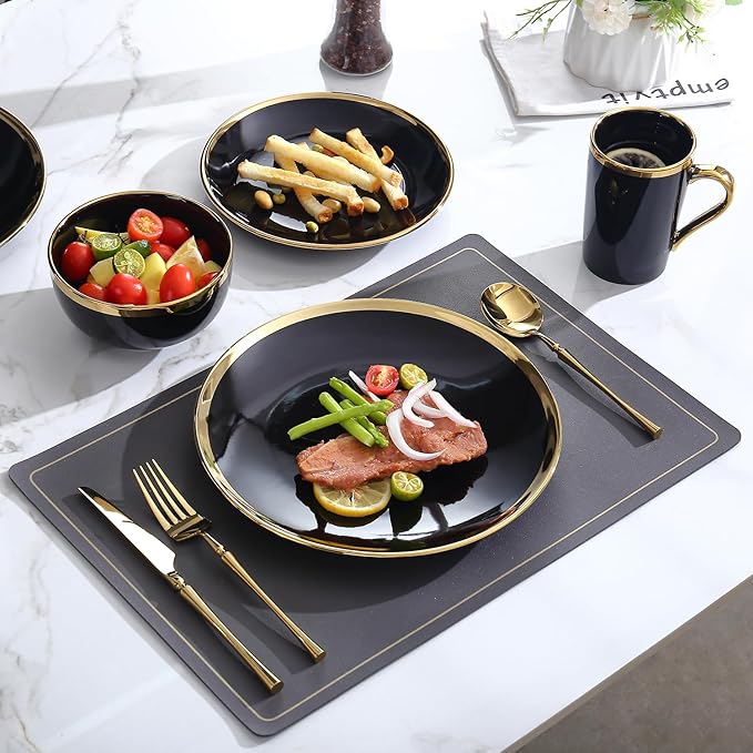 Dinner Plates, Set of 6, 10 inch, Black Porcelain with Gold Trim, Black Plates, Gold Ceramic Plates, Ideal for Desserts and Appetizers.