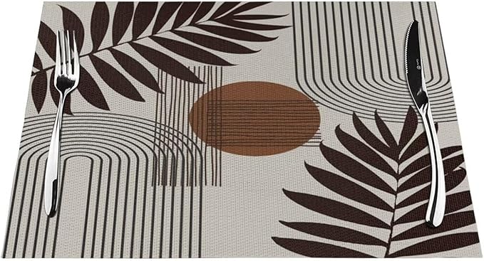 Mid Century Abstract Boho Placemats Geometric Neutral Beige Modern Leaf Plant Semicircle Art Washable Place Mats 12x18Inch for Dining Kitchen Farmhouse Decor 6 PCS