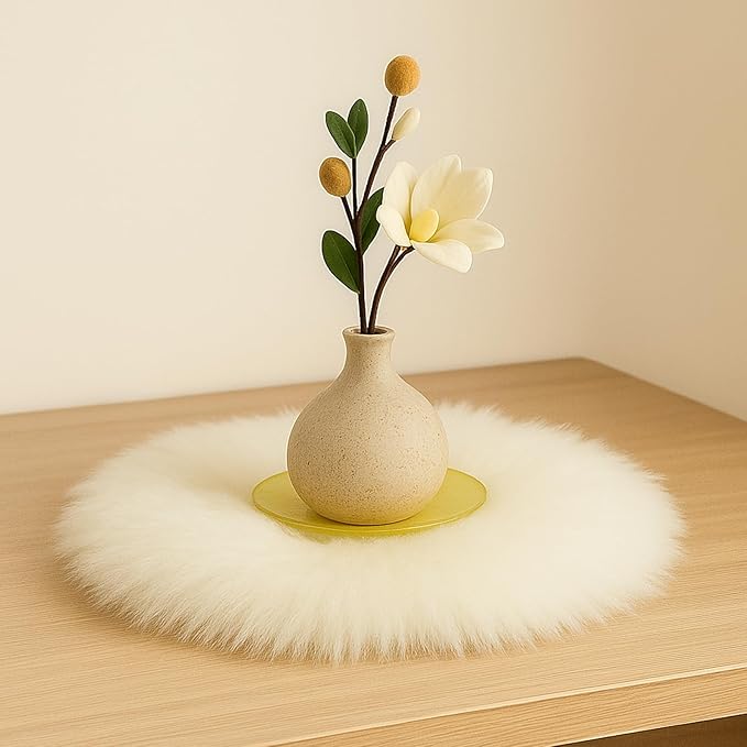Round Fur Placemats Set of 2, Washable Faux Fur Fluffy Table Place Mats Decor for Home Table Dresser Party Decoration Table Runner (17.7 inch, White)