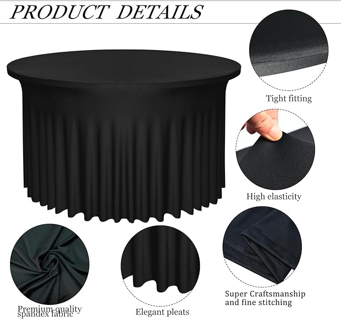 2 Pack Black Round Table Skirt, 60 Inch Diameter x 30 Inch Height, Stretch Polyester Spandex Tablecloth for 5ft Round Tables, Stain & Wrinkle Resistant for Wedding, Party, Banquet Decor