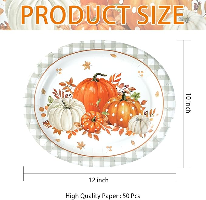Grencian 50Pcs Fall Oval Paper Plates 10" x 12" Gray Plaid Orange Pumpkin Plate Disposable Fall Pumpkin White Plates Tableware Sets for Thanksgiving Autumn Holiday Dinner Party Supplies Decoration
