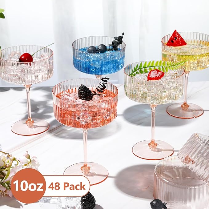 48 Pcs Ribbed Martini Glasses 10 oz Disposable Plastic Vintage Ribbed Coupe Glasses Unbreakable Dessert Parfait Glassware for Wedding Birthday Party Supplies (Champagne Powder)