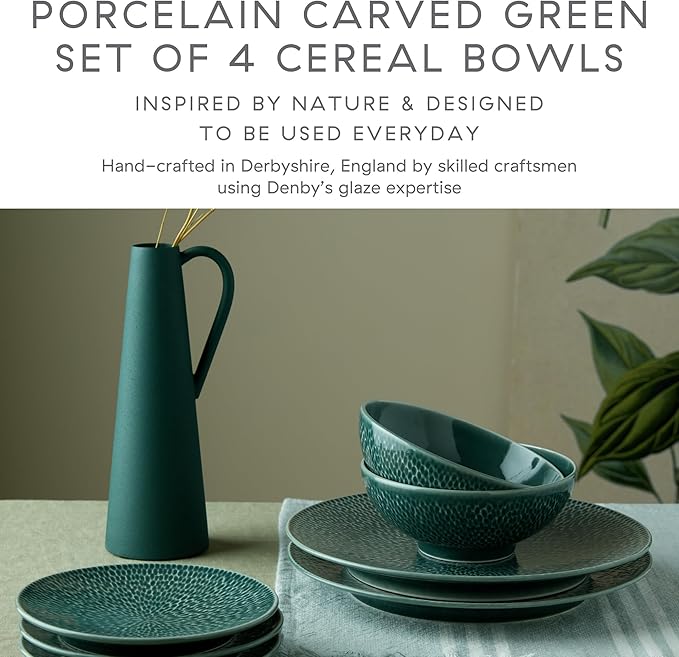 Denby - Carved Green Cereal Bowls Set of 4-6.75 Inch - Dishwasher Microwave Oven Safe - Uniquely Textured Porcelain Cereal Bowls - Scratch Chip Resistant