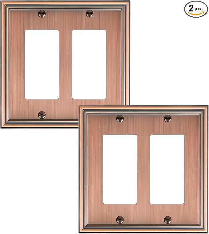 2-Pack Decorative Double Decorator Outlet Cover Plate, Durable Zinc Alloy Antique Copper Wall Plates for Electrical Outlets, Receptacle, GFCI Outlet, Dimmer Switch, 2-Gang Corrosion Resistant