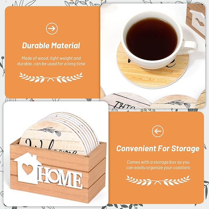 Billbotk House Warming Gifts for Home Decoration, Wood Farmhouse Coasters Set of 8, Drink Coasters for Housewarming Gifts, Coffee Table Decor, Home Decor