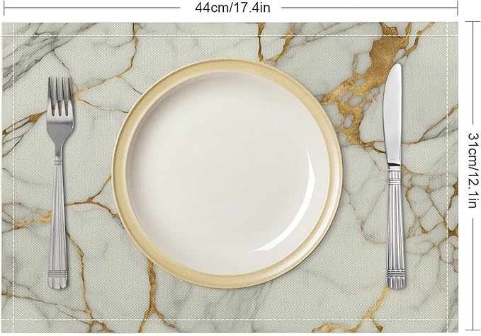 Marble Linen Placemats Set of 4, Modern Abstract Foil Texture White Gold Marble Washable Place Mats, Non Slip Placemat for Home Party Dining Tables Wedding Kitchen Banquets Decor 12x17 Inch