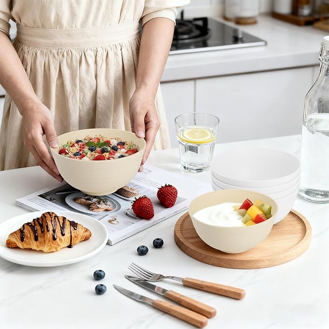 Wheat Straw Bowls Set of 6, 26 OZ Unbreakable Cereal Bowls, Reusable Plastic Bowls for Camping, Dorm, RV, Picnic, Lightweight Salad Soup Bowls, Microwave & Dishwasher Safe, Beige
