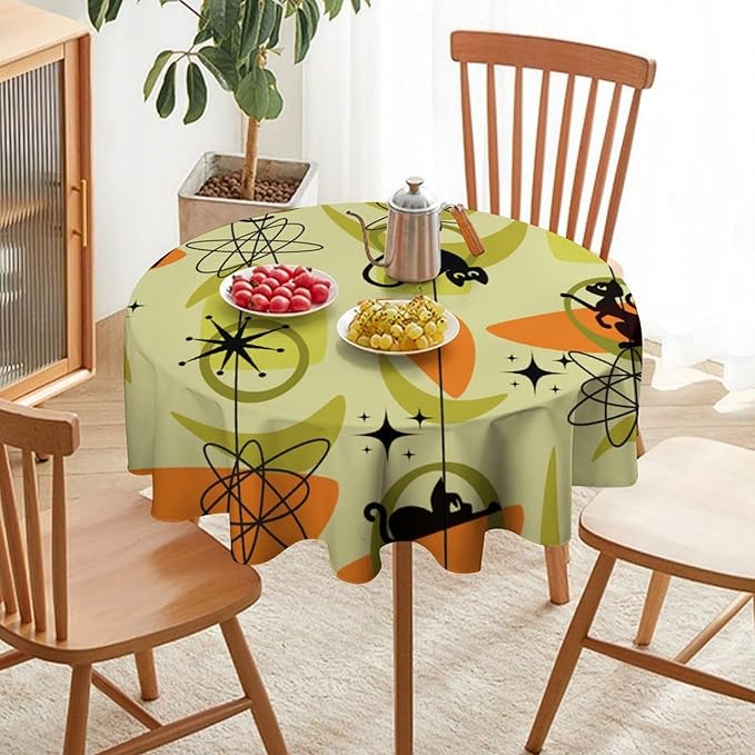 Mid Century Black Cat Round Tablecloth, Vintage Modern Bohemian Abstract Geometric Retro Art Tablecloth for Home Party Dining Room Kitchen Decor 70Inch(178cm)