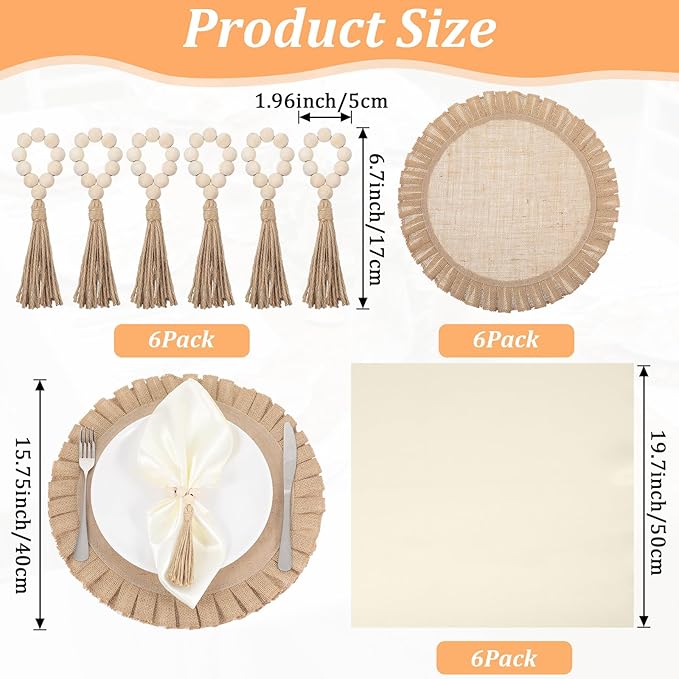 18 Pcs Round Natural Burlap Placemats, Wooden Bead Napkin Rings with Cloth Dinner Napkins, Heat Resistant Jute Placemat Set Boho for Wedding Dining Table Decor
