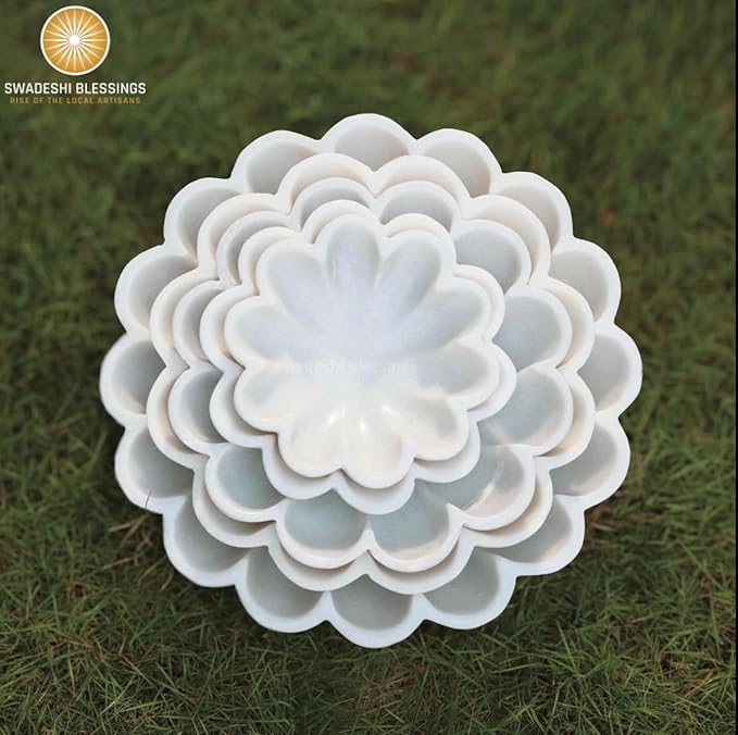 SWADESHI BLESSINGS HandCrafted Marble Decorative Bowl | White Ruffle Scalloped Fluted Key/Fruit Ring Dish | Organic Modern Home Decor (8 Inches)