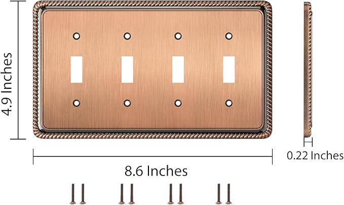 Henne Bery Rope Edge Decorative Wall Plate Switch Plate Outlet Cover (Quad Toggle, Antique Copper)