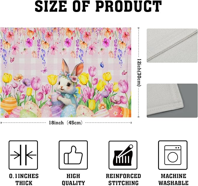 Spring Rabbit Bunny Placemats - Floral Easter Place Mat Set of 4 Buffalo Plaid Tablemats 12x18 for Party Kitchen Dining Pink