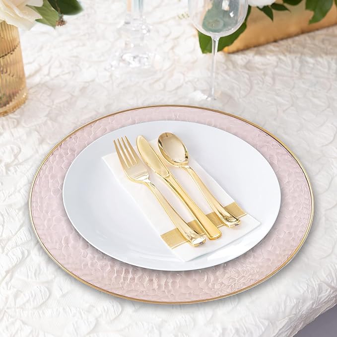 PARTY BARGAINS 13-Inch Charger Plates - 16 Pack, Hammered Pink Gold Rim, Heavy-Duty Disposable Chargers for Elegant Dining - Ideal for Weddings and Formal Events