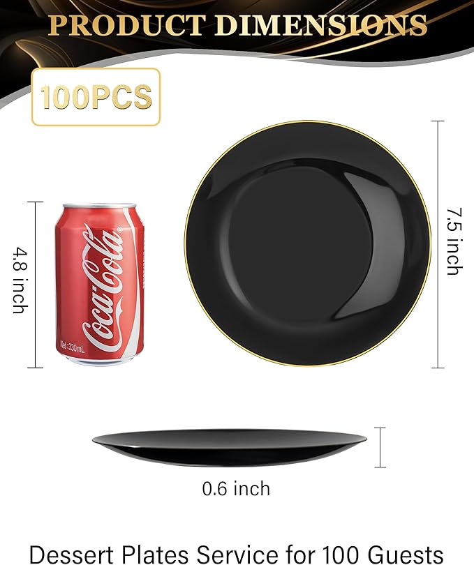 Nervure 100 Pieces Black Plastic Plates - 7.5inch Black Dessert Plates - Disposable Gold Plastic Plate - Disposable Plate Ideal for Wedding & Party