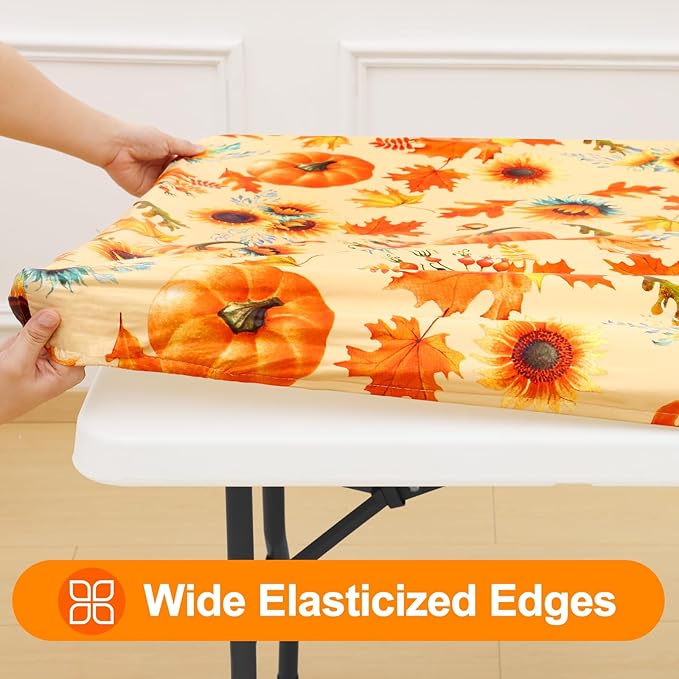 Smiry Plastic Thanksgiving Tablecloth, Sunflower & Pumpkin Waterproof Elastic Fitted Table Covers for 8 Foot Tables, Wipeable Flannel Backed Vinyl Tablecloths for Autumn Harvest (Gold, 30x96 Inches)