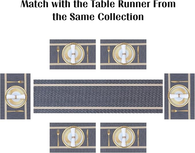 FAVE Placemats Set of 12 Blue Placemats Woven with Golden Thread Durable and Wipeable Vinyl Place Mats Heat Resistant Table Mats Set of 12 for Kitchen Table (Blue, 12"x18"-12PCS)