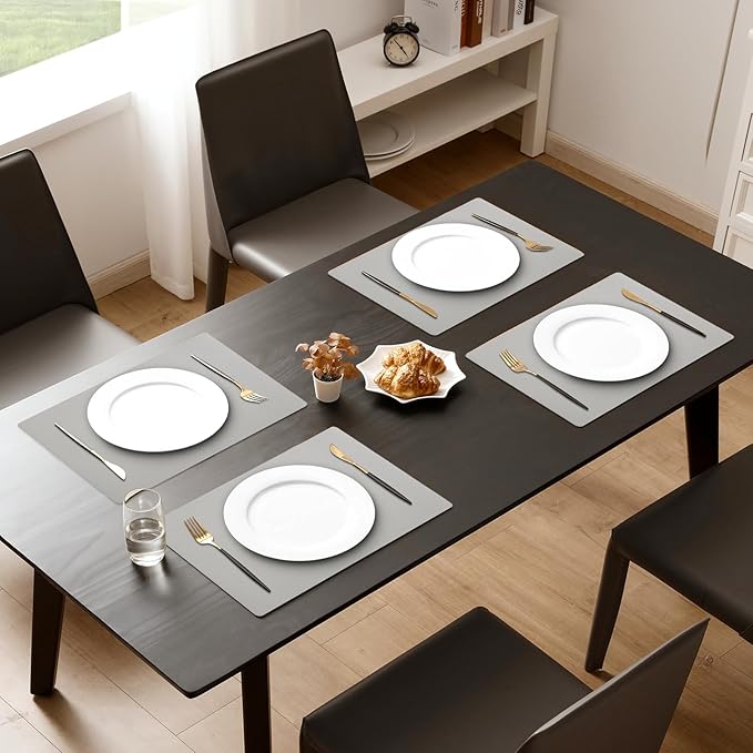 MOSAYT Vinyl Placemats Set of 8, Heat Resistant Place Mats 100% Waterproof Washable & Wipeable Faux Leather Reversible Table Mats for Kitchen Dining Party Indoor Outdoor, 12" x 17", Light Grey
