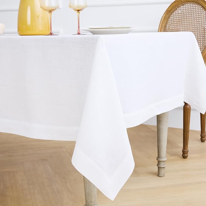 Solino Home Linen White Tablecloth 60 x 90 Inch - 100% Pure Linen Rectangular Tablecloth - Machine Washable Table Cloth for Winter, Valentines, Spring, Easter - Fete