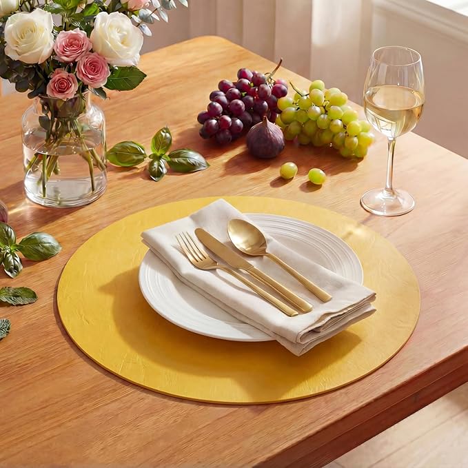 Artoid Mode Yellow Faux Leather Placemats Set of 4, 15 Inch Waterproof Wipeable Heat Resistant Vinyl Place Mats, Reversible Table Mats for Summer Kitchen Dining Decor