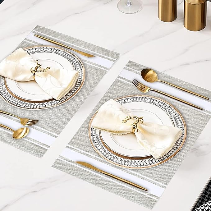 DACHUI Placemats Set of 8, Soft & Elegant Woven Vinyl Place Mats, Water Resistant, Heat Resistant, Washable, Durable Table Mats (White Stripes)