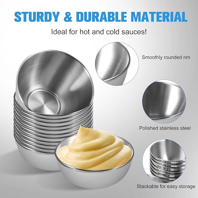 20 Pack 3.2 inch Stainless Steel Sauce Dishes 3.5 oz Mini Individual Saucers Bowl Round Seasoning Dishes Bowl Serving Appetizer Plates for Kitchen Prep Side Dish Soy Sauce Sushi Dip (20)