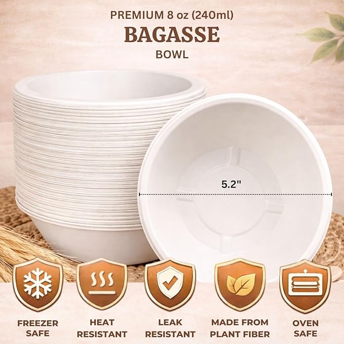 8oz Compostable Paper Bowls, Heavy-Duty Eco-Friendly Bagasse Bowl, Biodegradable & Heat-Resistant for Hot & Cold Foods, Soups, Dessert, Salads, Ice Cream, Pasta, Snacks, 200 Pack
