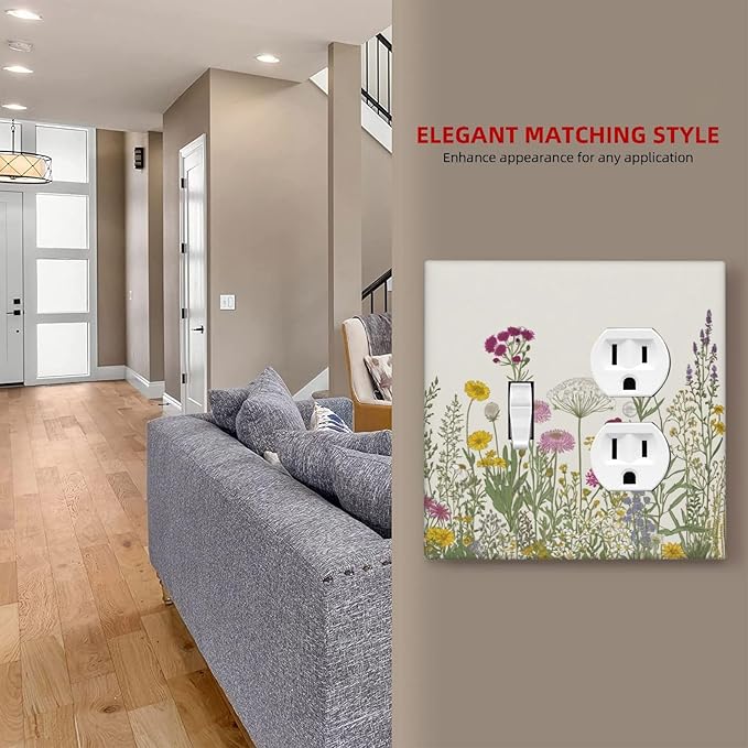 Light Switch Cover Plate Wildflower Botanical Plant Herbs Flower 2 Gang Decorative Switch Plates 1 Toggle Duplex Combo Outlet Covers GFCI Wall Plates for Bathroom Livingroom Decor