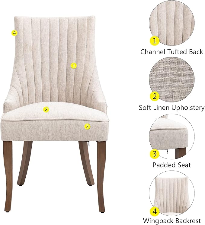 mikibama Linen Dining Chairs Set of 6 Channel Tufted Kitchen Dinner Chair Comfy Fabric Upholstered Accent Chair for Dining Room with Solid Wood Legs (Beige 6pc)