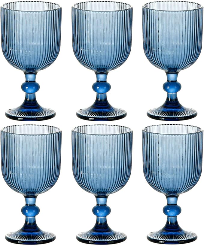 Blue Glasses Drinking Water Goblets set of 6 Big Vintage Glassware 13oz Colored Wine Glasses for Wedding Party Bar Vertical Line Embossed Pattern Stemmed Cups 400ml