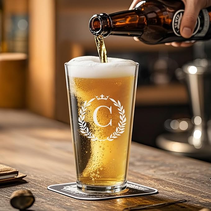 Personalized Beer Glasses Gifts for Men, 16 oz Pint Glasses Monogrammed A-Z Drinking Glass Cups Customized Gift, Unique Christmas Anniversary Birthday Gifts for Men Him Dad Brother Husband Grandpa (C)