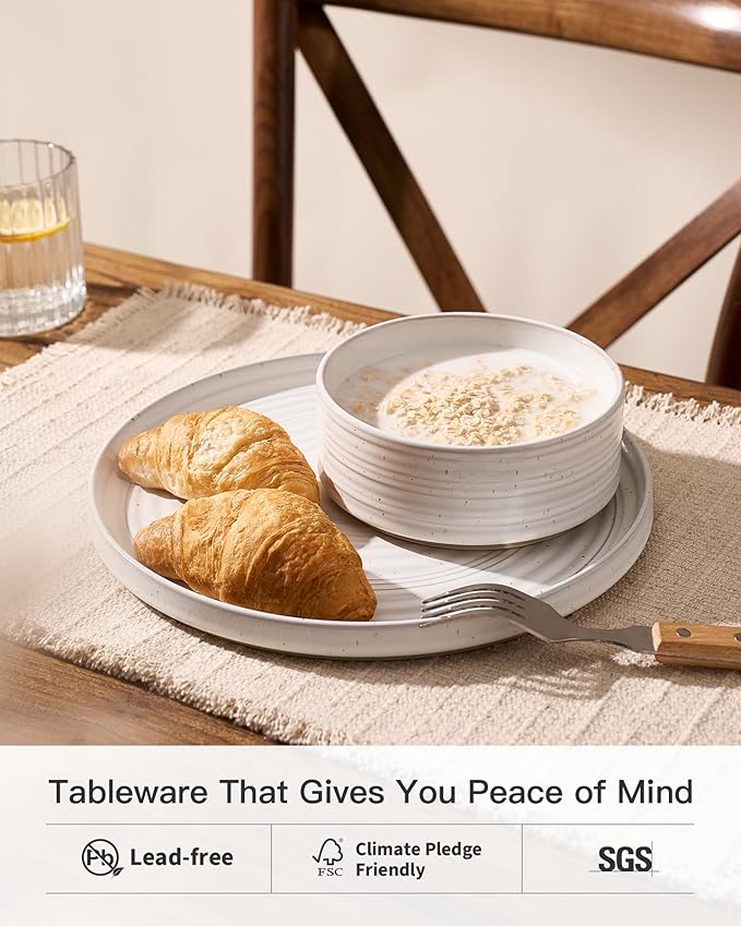 Plates and Bowls Sets for 6 (18-Piece) Stoneware Reactive Glaze Dinnerware with Speckles & Spirals, Chip and Scratch Resistant Straight Dishes Set with Gift Box, Microwave Dishwasher Safe, White