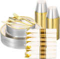 350 PCS Transparent Base With Gold Edge Plastic Dinnerware Set for 50 Guests, 100 Plates for Party, 50 Pre Rolled Napkins with Gold Silverware, 50 Cups