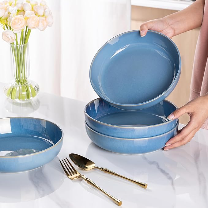 GBHOME 8.75'' Large Ceramic Pasta Bowls, 38oz Stoneware Pasta Serving Bowls Set of 4 for Kitchen, Wide Bowls for Fruit,Pasta,Salad,Oatmeal,Meal, Microwave Safe, Reactive Glaze-Alaskan Blue