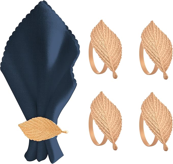 Decozen Set of 4 Gold Napkin Rings in Leaf Design, Festive, Table Decor Setting for Holiday, Wedding, Birthday, Kitchen, Home Decor, Housewarming Gift - Mothers Day Decorations