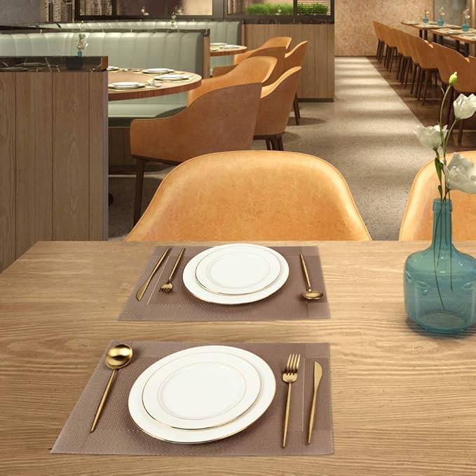 DACHUI Placemats Set of 6, Stylish Woven Place Mats for Dining Table, Washable & Durable PVC Table Mats (Champagne)