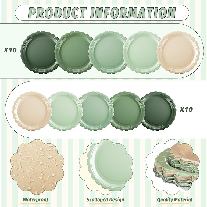 110pcs Sage Green Plates and Napkins Tableware Set Serve 25 Guests Includes Scalloped 9" 7" Paper Dessert Dinner Plate Green Series Napkins for Spring Birthday Wedding Baby Shower Tea Party