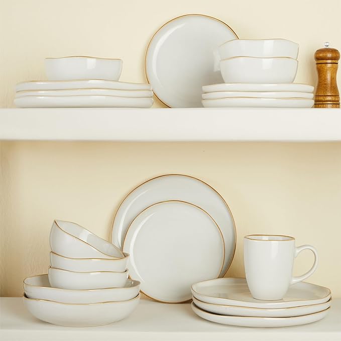Plates and Bowls Sets, 16 Pieces Dinnerware Set for 4 with Pasta Bowls, Handmade Dishes Set, Chip Resistant Dishware Sets, Microwave Safe Dinner Set, Designed for Interactive Meals, White