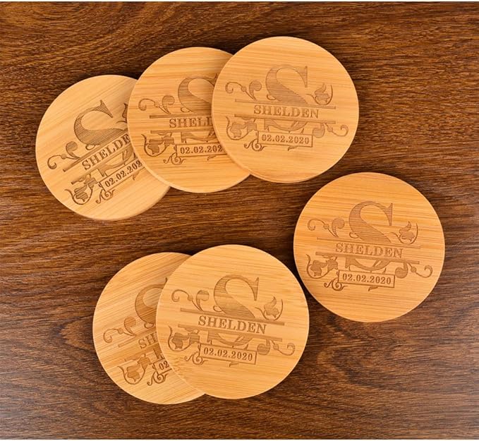 Personalized Bamboo Coasters, Custom Engraved Monogram Coasters with Holder, Great Gifts for Relatives, Friends or Yourself (Set of 4)