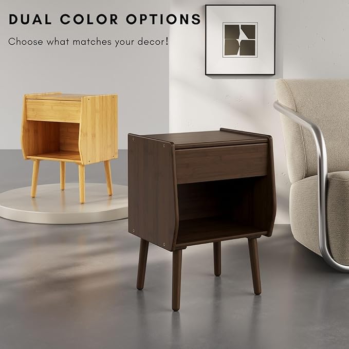 ZIYOO Nightstand with Drawer Open Shelf, Mid Century Modern Bedside Table, Small End Table for Living Room&Small Spaces, Bedroom, Walnut