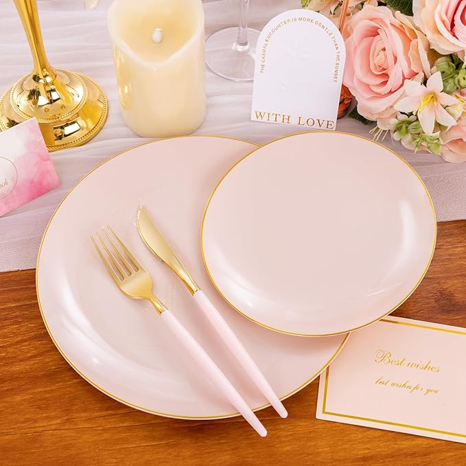 Liacere 150PCS Plastic Plates-Gold Plastic Silverware with Pink Handle - Pink Disposable Plates Include 30 Guests Plates, Forks, Spoons, Knives for Wedding＆Easter Day＆Galentines day＆Valentine's Day