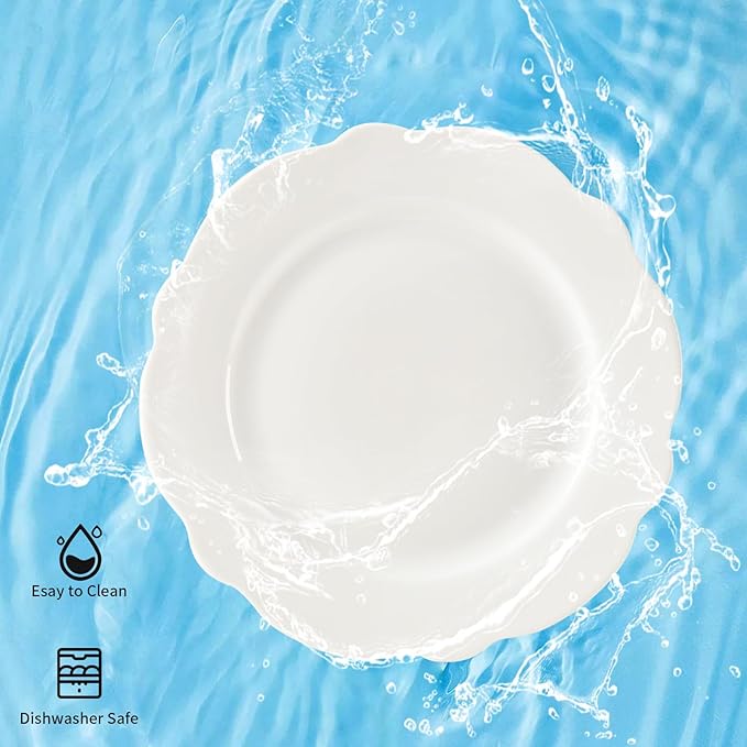 TAMAYKIM 7.5 Inch Porcelain Dessert Plates, Set of 12 - White Lotus Shape with Wavy Rim - Stackable Salad, Bread, Appetizer Serving Dishes, Scratch Resistant, Microwave Oven & Dishwasher Safe