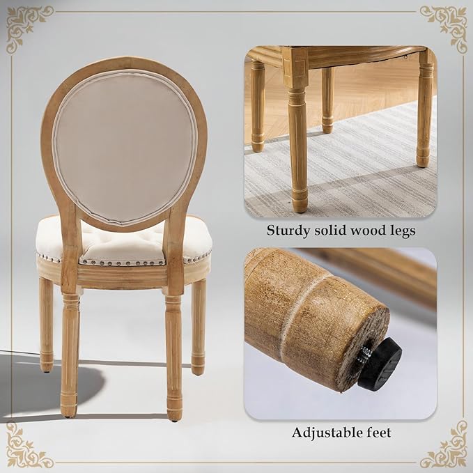 SoarFlash French Dining Chairs Set of 2, Vantage Dining Chair with Round Back, Wood Leg Farmhouse Country Velvet Dining Chair for Kitchen,Bedroom,Beige